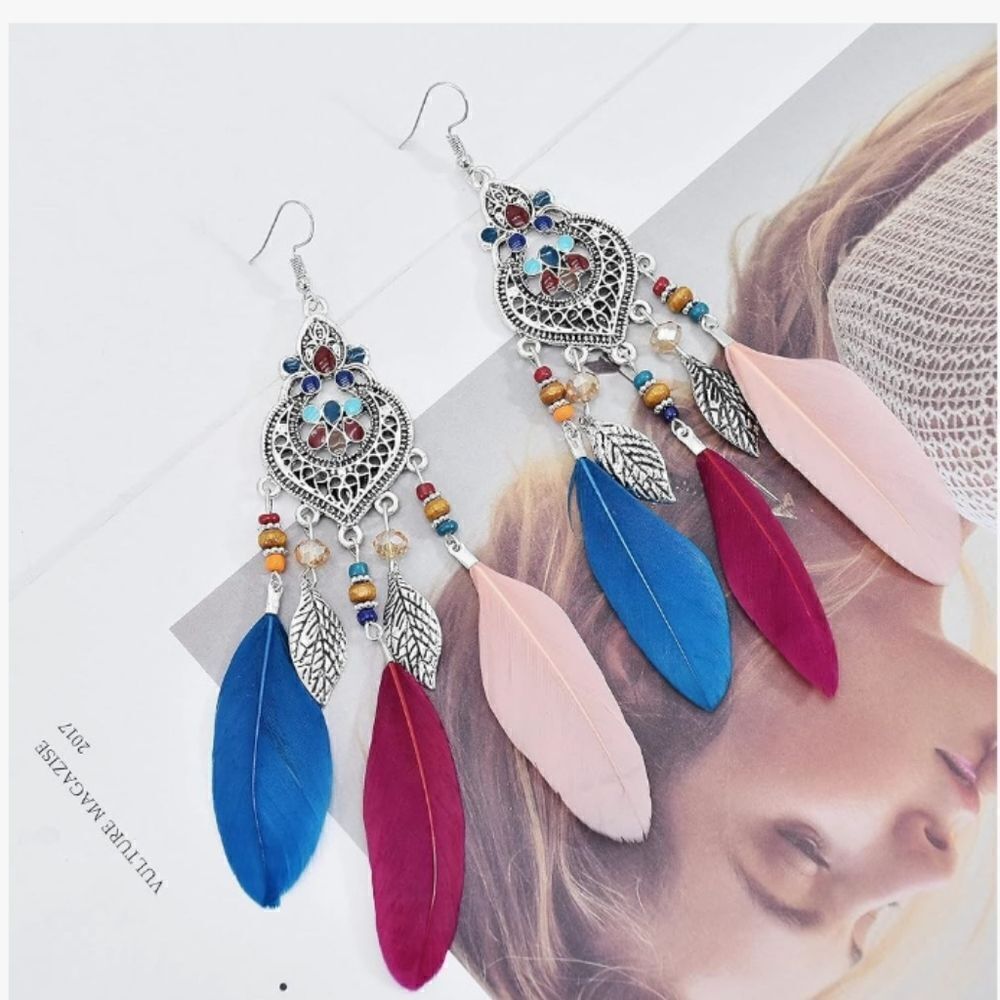 Beaded ethnic‎ feather earrings dangle tassel new e11